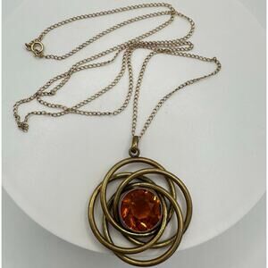 Antique 1900s amber uranium glass knot pendant 24" gold filled necklace
